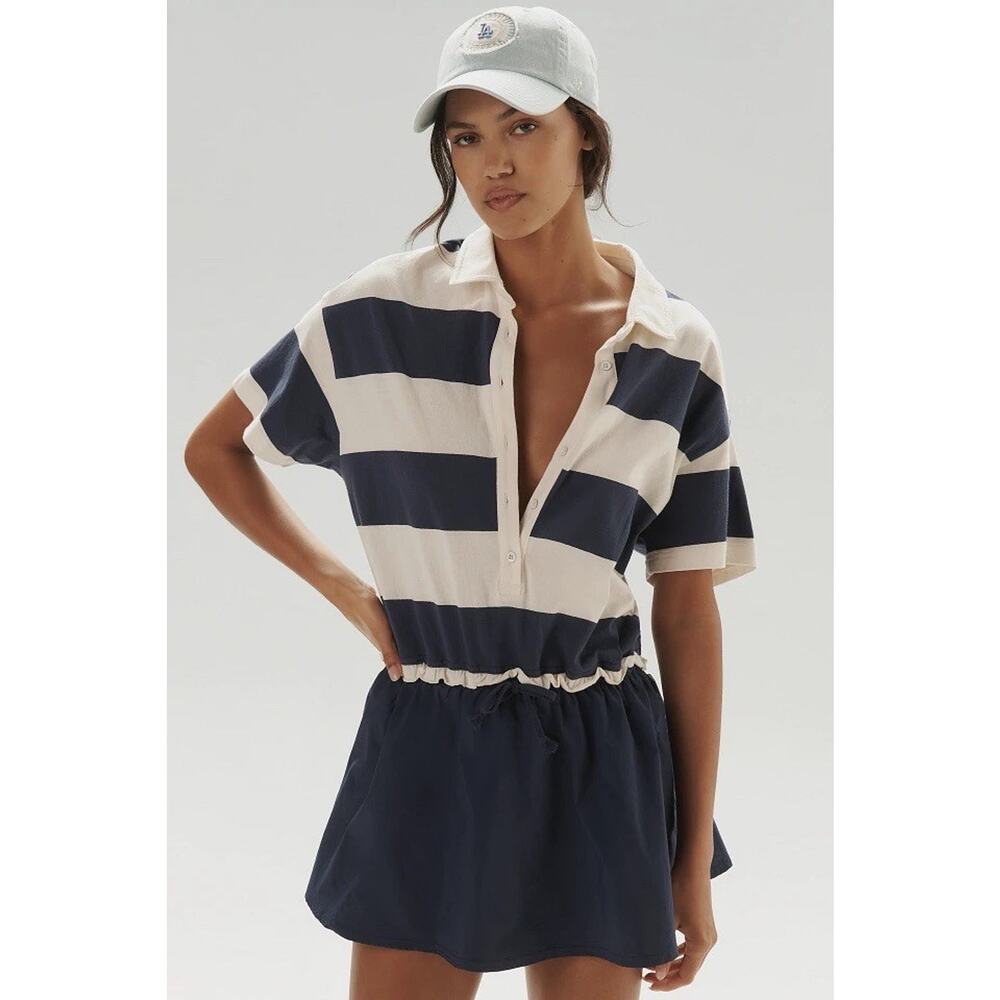 Daily Practice Striped Polo Mini Dress XS Navy White Tenniscore Athleisure NWOT